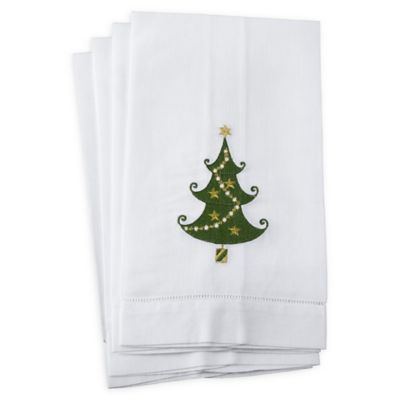 Saro Lifestyle Hemstitch Christmas Tree Kitchen Towels in White (Set of 4)
